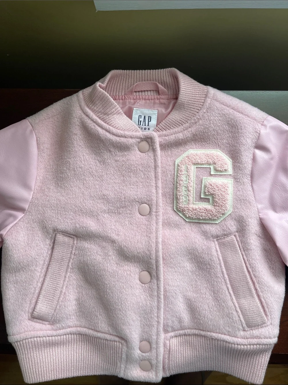 GAP Light Pink Kids Wool-Blend Varsity Bomber Jacket XS